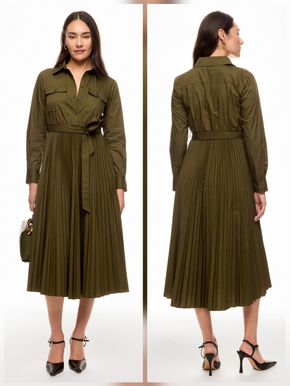 Derek Lam 10 Crosby Pleated Green Midi Shirt Dress Collared Long Sleeve Size 4